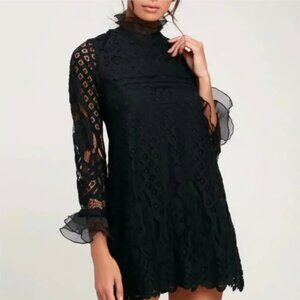 Lulus Love and Joy Small Black Lace Long Sleeve Shift Dress Ruffled Neck & Cuff